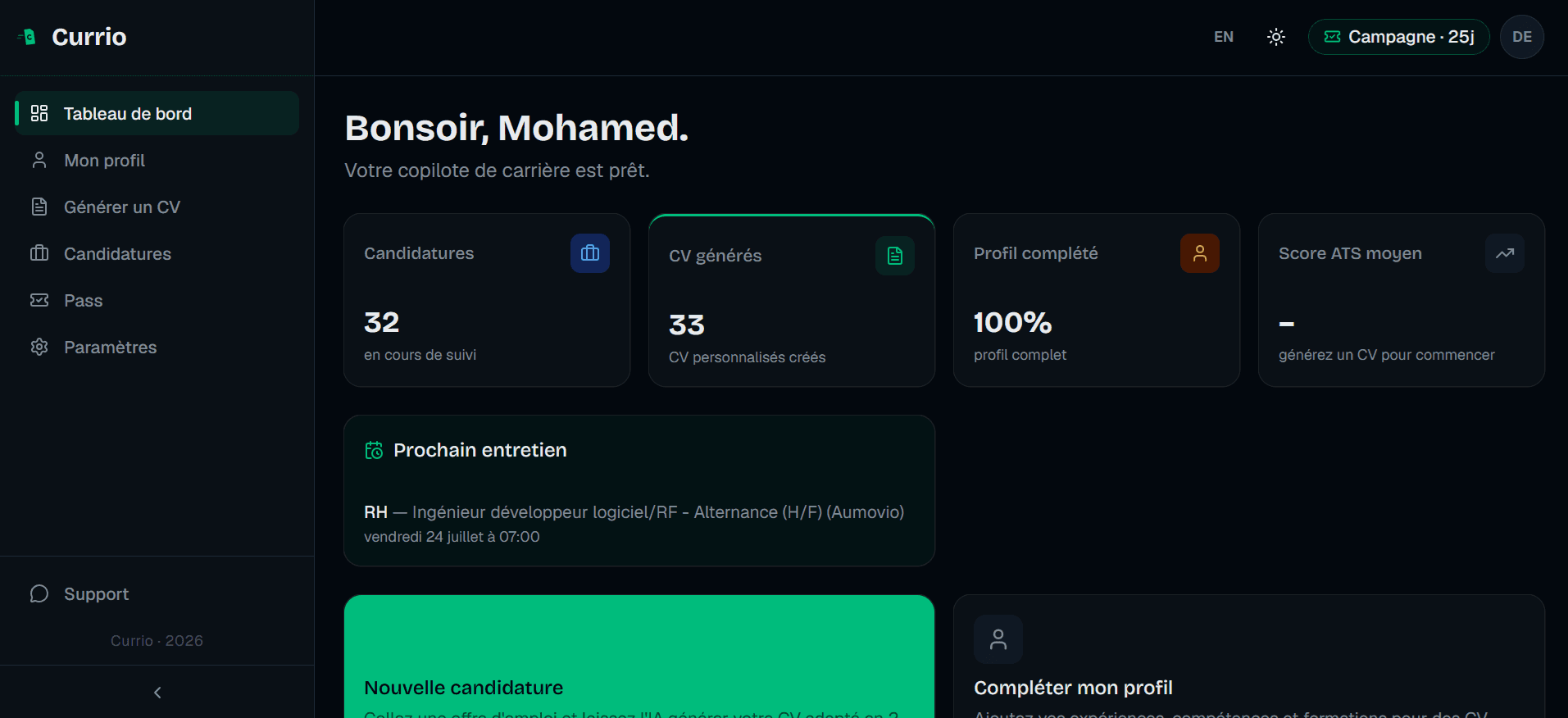 Tableau de bord Currio avec candidatures, CV générés et progression du profil